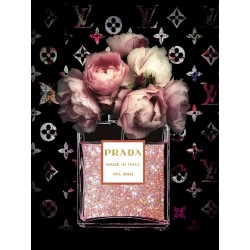 Glasschilderij  roze glitter parfumfles met roze bloemen -274